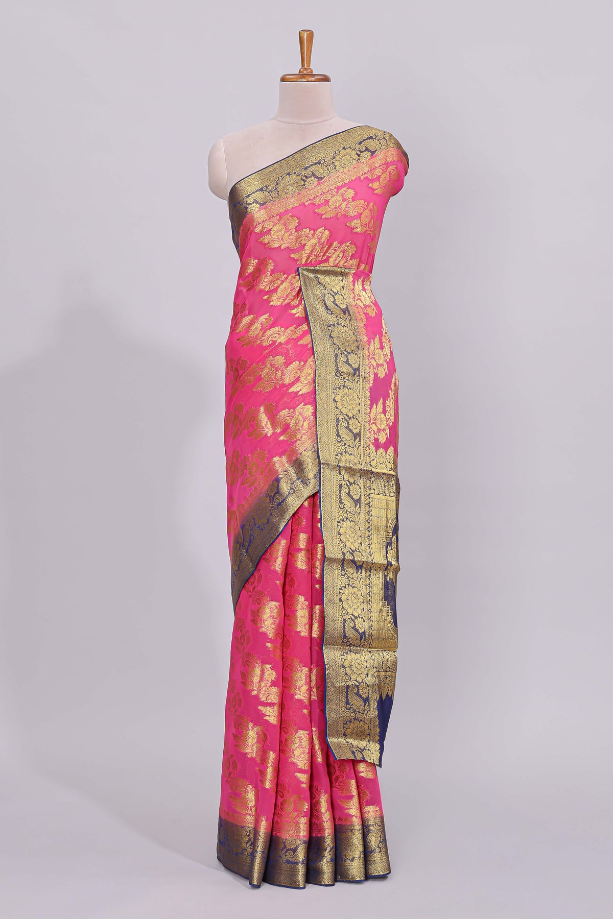 Pink floral vine design viscose georgette saree with contrast checked zari border and blouse