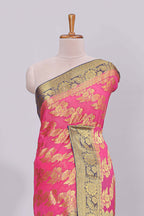 Pink floral vine design viscose georgette saree with contrast checked zari border and blouse