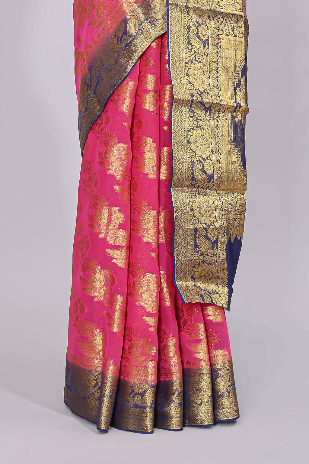 Pink floral vine design viscose georgette saree with contrast checked zari border and blouse