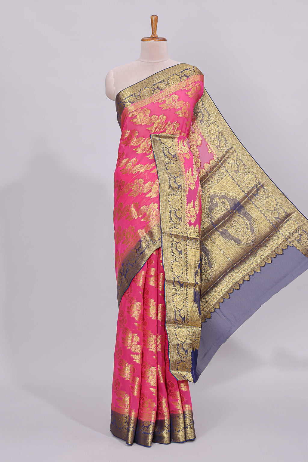 Pink floral vine design viscose georgette saree with contrast checked zari border and blouse
