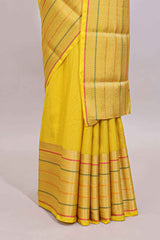 Bright yellow diagonal and vertical striped weave design viscose georgette saree with self zari border and blouse