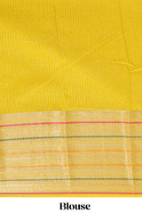 Bright yellow diagonal and vertical striped weave design viscose georgette saree with self zari border and blouse