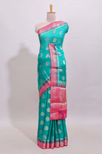 Teal Blue paisley zari butta design viscose georgette saree with Contrast zari border and blouse