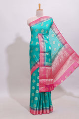 Teal Blue paisley zari butta design viscose georgette saree with Contrast zari border and blouse