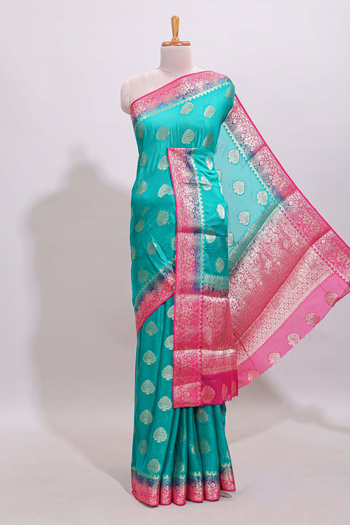 Teal Blue paisley zari butta design viscose georgette saree with Contrast zari border and blouse