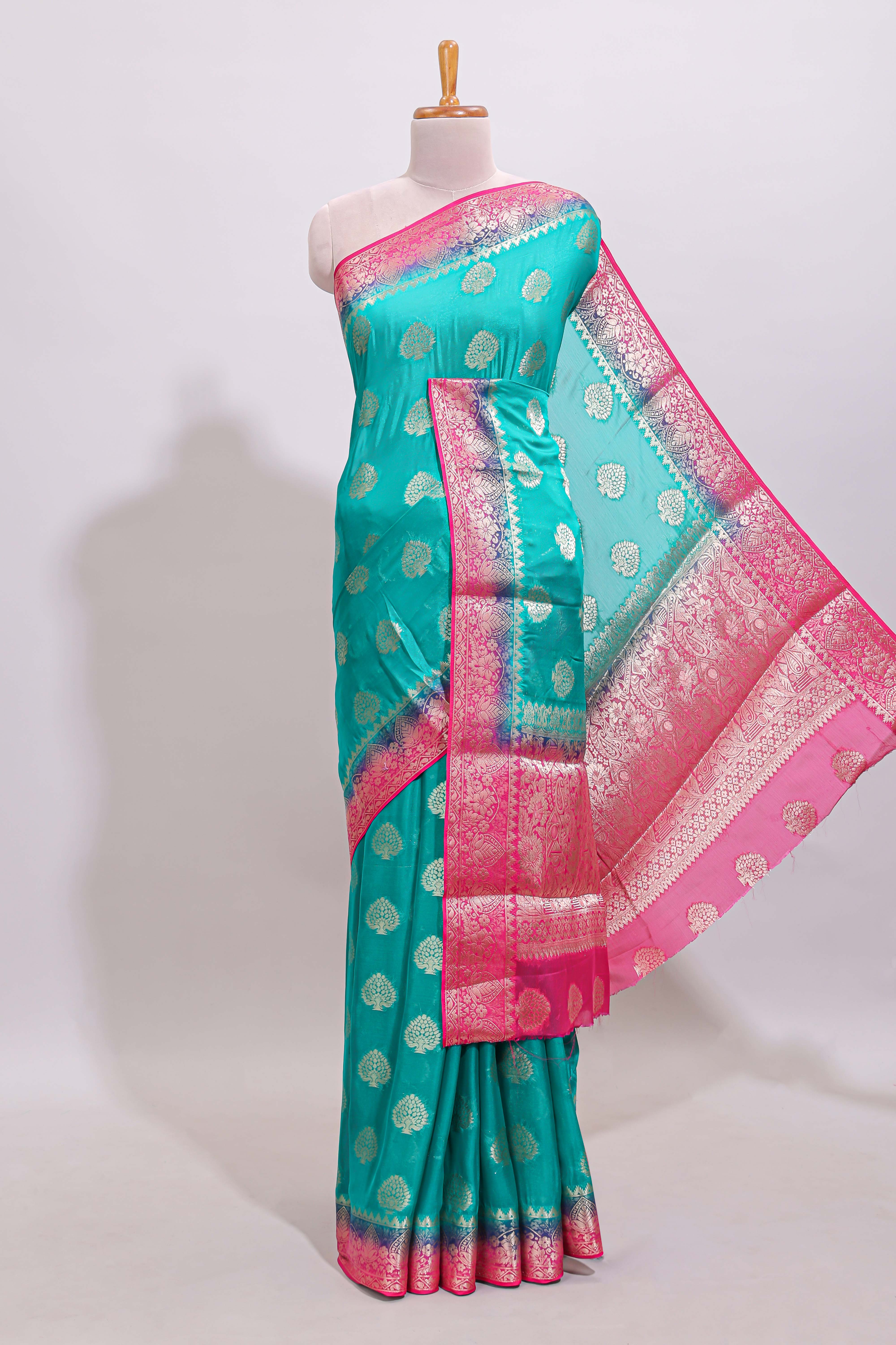 Teal Blue paisley zari butta design viscose georgette saree with Contrast zari border and blouse