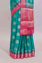 Teal Blue paisley zari butta design viscose georgette saree with Contrast zari border and blouse