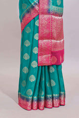 Teal Blue paisley zari butta design viscose georgette saree with Contrast zari border and blouse