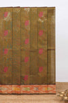 Olive green floral zari motifs venkatagiri cotton saree with self ikkat style border and contrast blouse