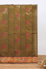 Olive green floral zari motifs venkatagiri cotton saree with self ikkat style border and contrast blouse