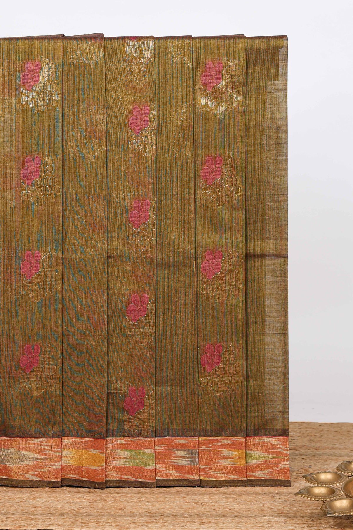 Olive green floral zari motifs venkatagiri cotton saree with self ikkat style border and contrast blouse