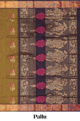 Olive green floral zari motifs venkatagiri cotton saree with self ikkat style border and contrast blouse