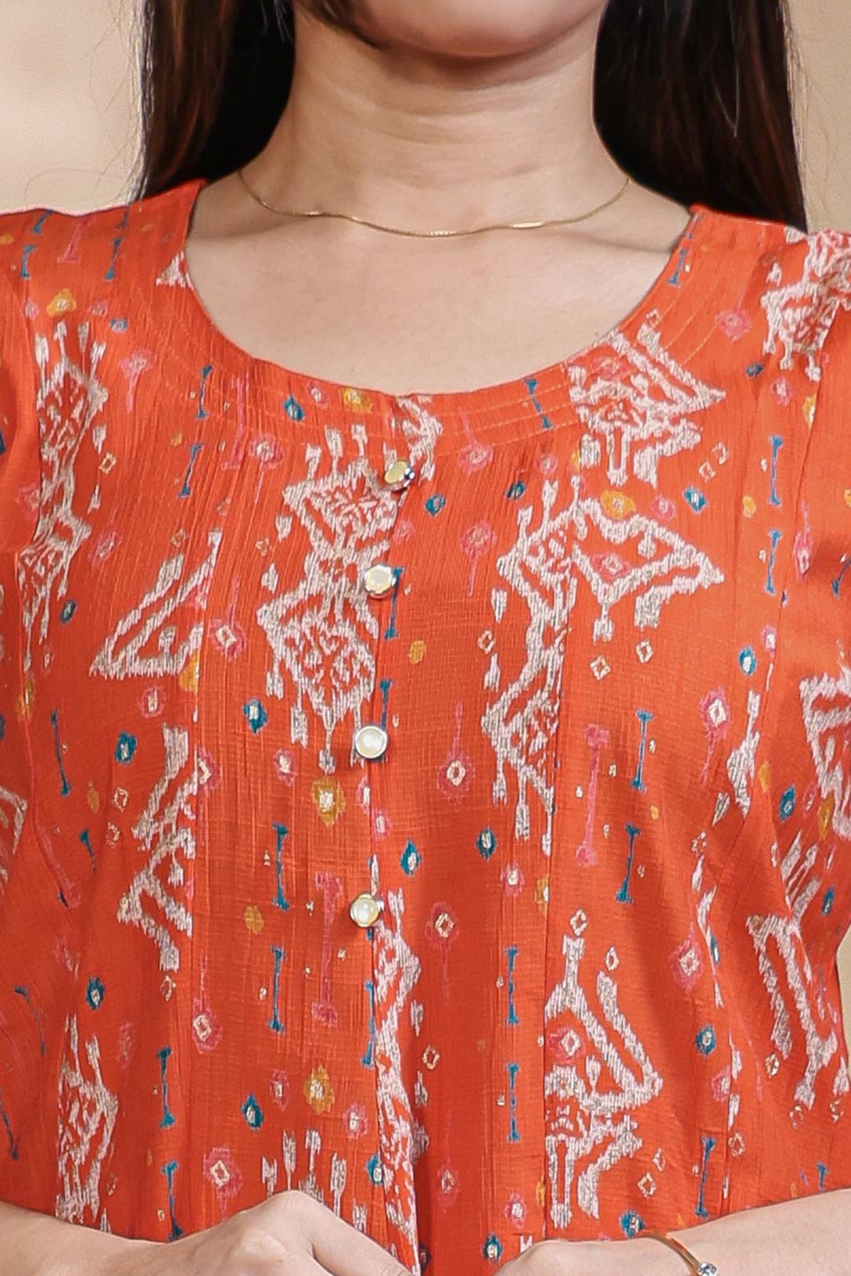 Rust Orange Printed Anarkali Kurti with Round Neck and 3/4 Sleeves