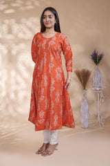 Rust Orange Printed Anarkali Kurti with Round Neck and 3/4 Sleeves