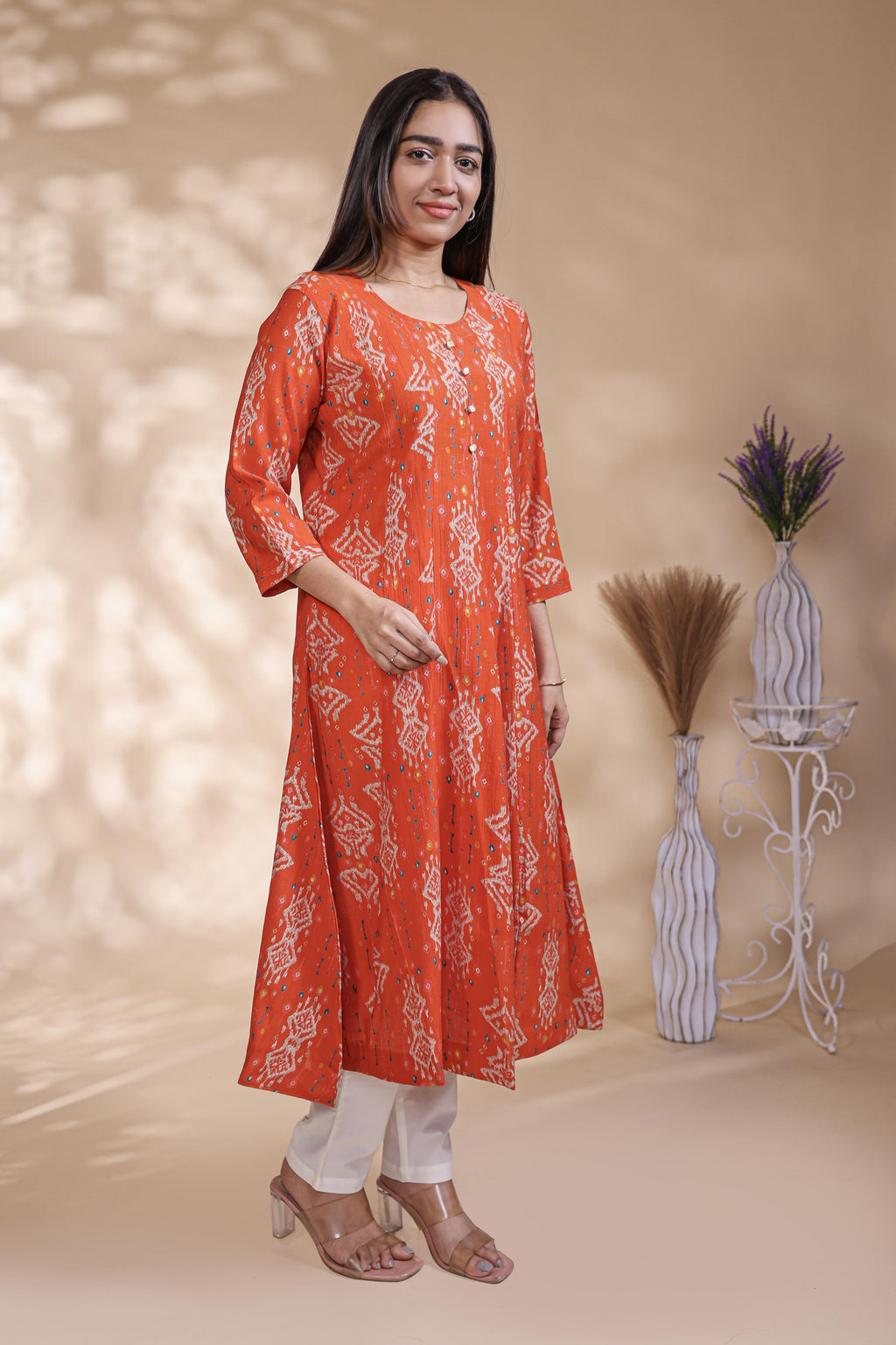 Rust Orange Printed Anarkali Kurti with Round Neck and 3/4 Sleeves