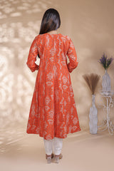 Rust Orange Printed Anarkali Kurti with Round Neck and 3/4 Sleeves