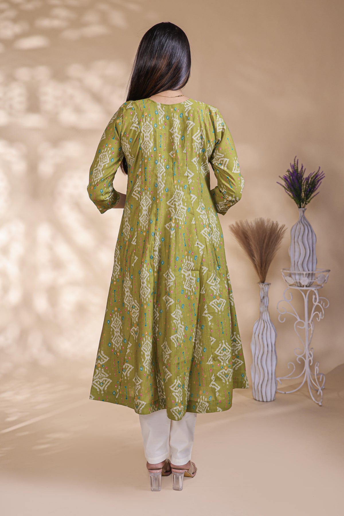 Green Printed Anarkali Kurti with Round Neck and 3/4 Sleeves