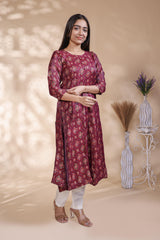 Maroon geometric Printed Anarkali Kurti with Round Neck and 3/4 Sleeves