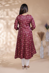Maroon geometric Printed Anarkali Kurti with Round Neck and 3/4 Sleeves