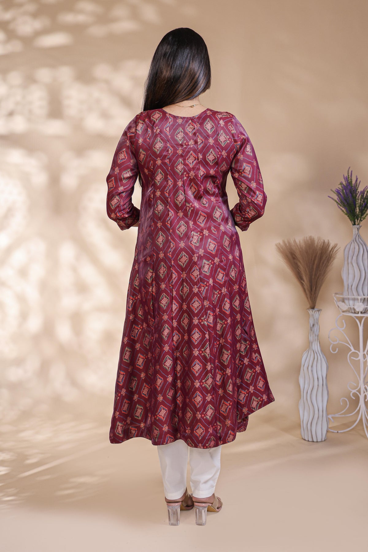 Maroon geometric Printed Anarkali Kurti with Round Neck and 3/4 Sleeves