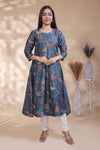 Blue floral Printed Anarkali Kurti with Round Neck and 3/4 Sleeves