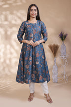 Blue floral Printed Anarkali Kurti with Round Neck and 3/4 Sleeves