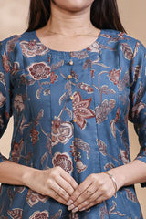 Blue floral Printed Anarkali Kurti with Round Neck and 3/4 Sleeves