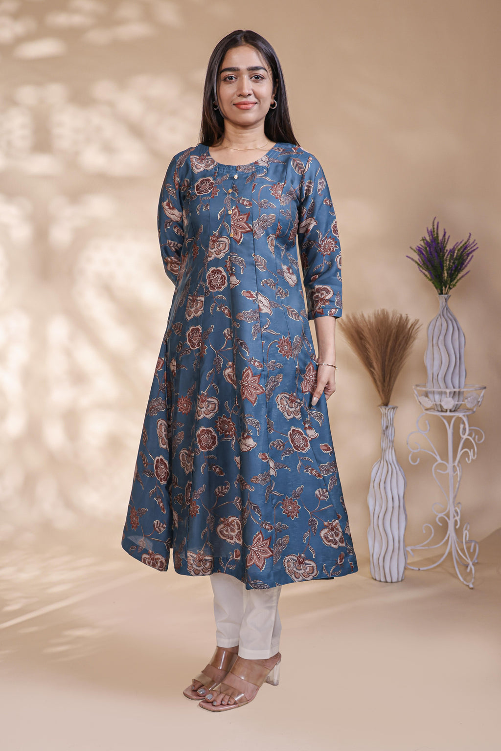Blue floral Printed Anarkali Kurti with Round Neck and 3/4 Sleeves