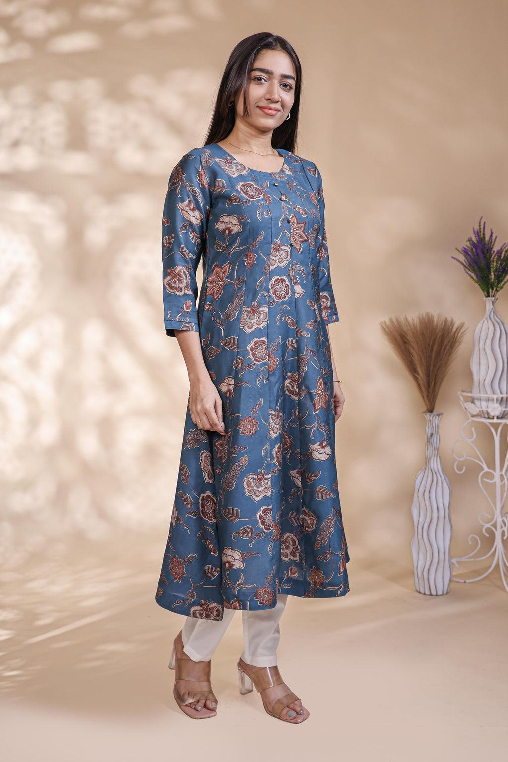 Blue floral Printed Anarkali Kurti with Round Neck and 3/4 Sleeves