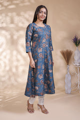 Blue floral Printed Anarkali Kurti with Round Neck and 3/4 Sleeves
