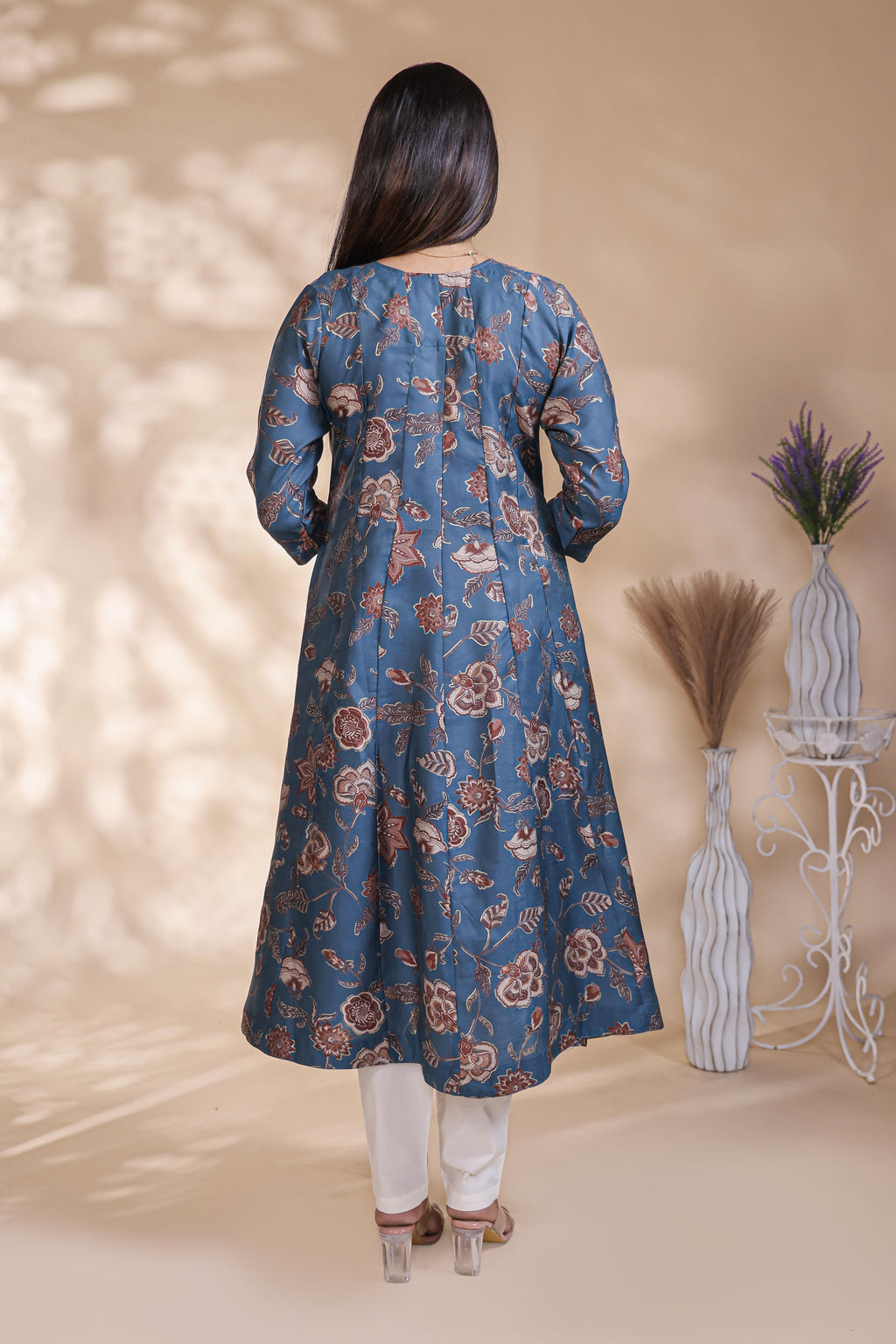 Blue floral Printed Anarkali Kurti with Round Neck and 3/4 Sleeves