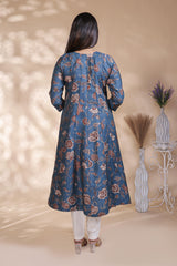 Blue floral Printed Anarkali Kurti with Round Neck and 3/4 Sleeves