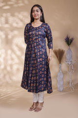 Blue geometric Printed Anarkali Kurti with Round Neck and 3/4 Sleeves