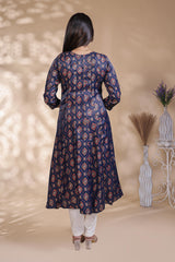 Blue geometric Printed Anarkali Kurti with Round Neck and 3/4 Sleeves