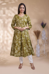 Green floral Printed Anarkali Kurti with Round Neck and 3/4 Sleeves