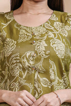 Green floral Printed Anarkali Kurti with Round Neck and 3/4 Sleeves