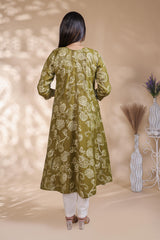 Green floral Printed Anarkali Kurti with Round Neck and 3/4 Sleeves