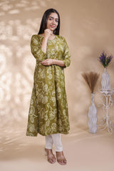 Green floral Printed Anarkali Kurti with Round Neck and 3/4 Sleeves