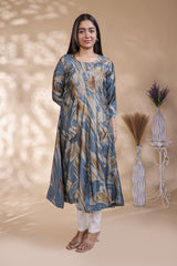 Pale blue floral Printed Anarkali Kurti with Round Neck and 3/4 Sleeves