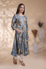 Pale blue floral Printed Anarkali Kurti with Round Neck and 3/4 Sleeves
