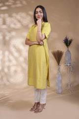 Yellow Striped Straight Kurti with Sweetheart Neck and 3/4 Sleeves