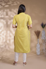 Yellow Striped Straight Kurti with Sweetheart Neck and 3/4 Sleeves