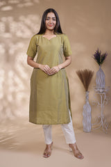 Olive green Striped Straight Kurti with Sweetheart Neck and 3/4 Sleeves