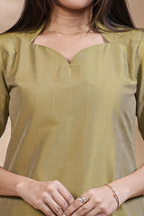 Olive green Striped Straight Kurti with Sweetheart Neck and 3/4 Sleeves