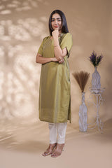 Olive green Striped Straight Kurti with Sweetheart Neck and 3/4 Sleeves