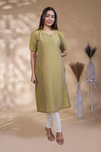 Olive green Striped Straight Kurti with Sweetheart Neck and 3/4 Sleeves