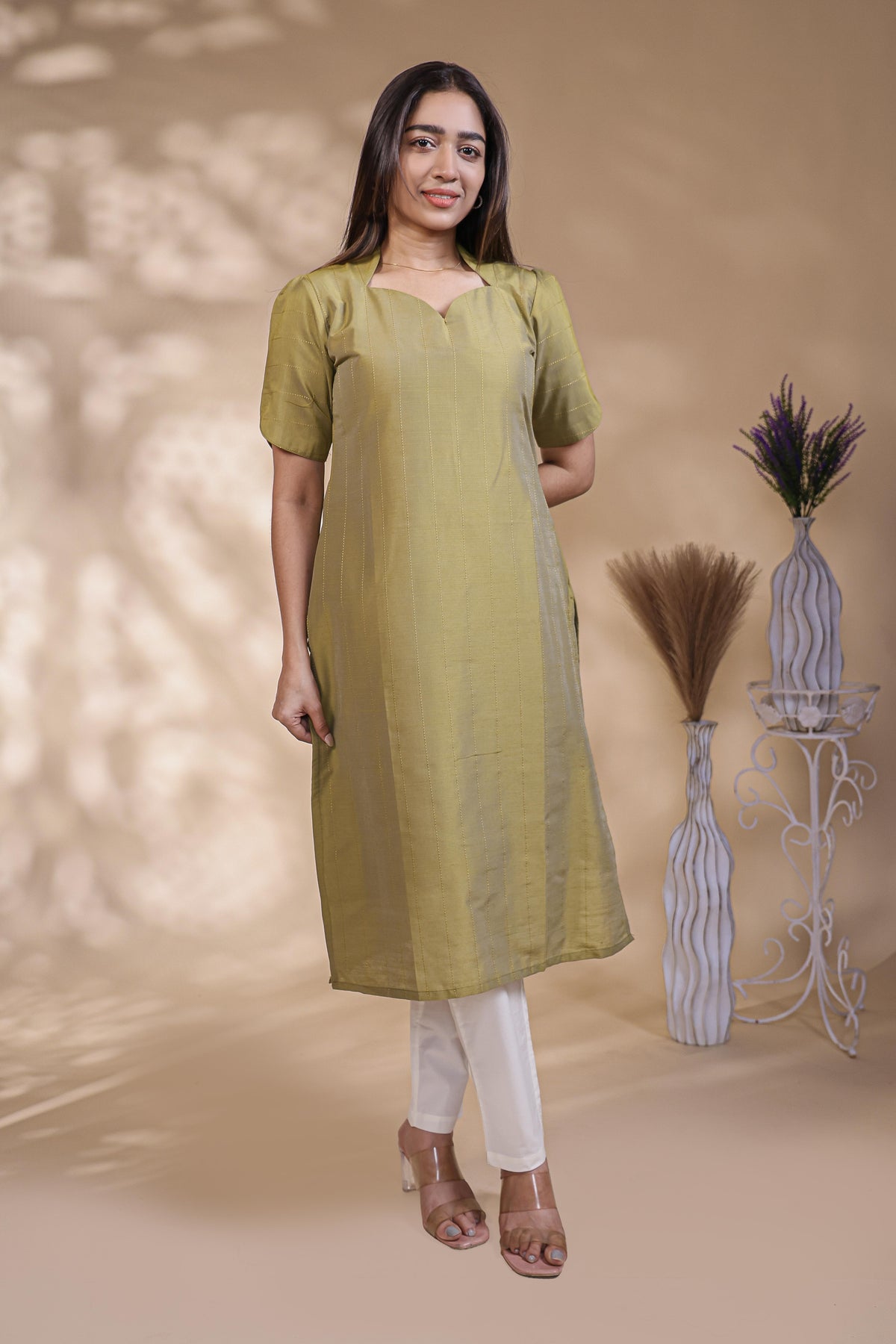 Olive green Striped Straight Kurti with Sweetheart Neck and 3/4 Sleeves