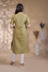 Olive green Striped Straight Kurti with Sweetheart Neck and 3/4 Sleeves
