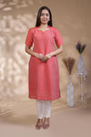 Pink Striped Straight Kurti with Sweetheart Neck and 3/4 Sleeves