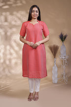 Pink Striped Straight Kurti with Sweetheart Neck and 3/4 Sleeves